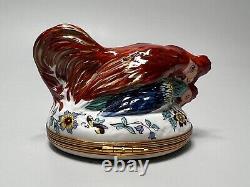 French Limoges Chantilly Hand-Painted Porcelain Trinket Jewelry Box Rooster Hen