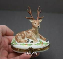 French Limoges Enamel Trinket Box + Deer with Ivy + Porcelain Hand Painted +