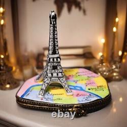 French Limoges Peint Main Porcelain Eiffel Tower/Paris Metro Map Trinket Box