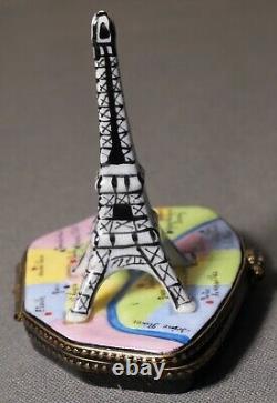 French Limoges Peint Main Porcelain Eiffel Tower/Paris Metro Map Trinket Box