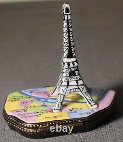 French Limoges Peint Main Porcelain Eiffel Tower/Paris Metro Map Trinket Box