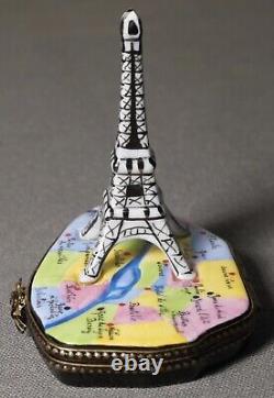 French Limoges Peint Main Porcelain Eiffel Tower/Paris Metro Map Trinket Box