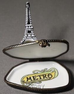 French Limoges Peint Main Porcelain Eiffel Tower/Paris Metro Map Trinket Box