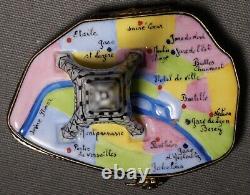 French Limoges Peint Main Porcelain Eiffel Tower/Paris Metro Map Trinket Box