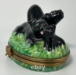 French Limoges Trinket Box Black Panther Big Cats Limited Edition