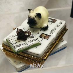 French Limoges Trinket Box Siamese Cat Mouse Books Cat Stories Eximious London