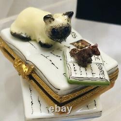 French Limoges Trinket Box Siamese Cat Mouse Books Cat Stories Eximious London