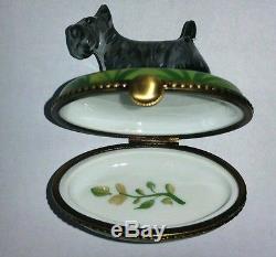 GR Hand Painted Porcelain Limoges Scottish Terrier Dog on Oval Trinket Box