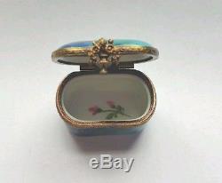 GR Limoges Hand Painted Oval Blue Trinket Box with Red Roses