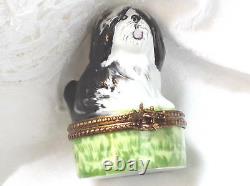 GR Limoges Hand Painted Porcelain Black and Gray Bearded Collie Dog Trinket Box