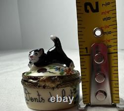 GR Limoges Peint Main Porcelain Limoges Black & White Cat Trinket Box