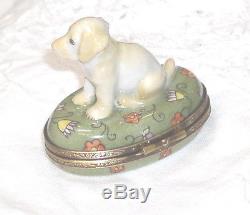 GR Limoges Yellow Labrador Retriever Puppy on Flower Oval Trinket Box