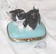 Gr Porcelain Limoges Black & White Playful Kitten On Blue Square Trinket Box