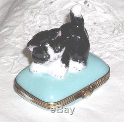 GR Porcelain Limoges Black & White Playful Kitten on Blue Square Trinket Box