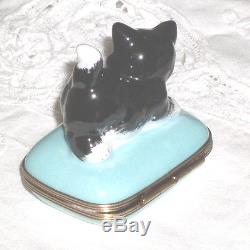 GR Porcelain Limoges Black & White Playful Kitten on Blue Square Trinket Box