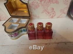Genuine Limoges France Hand Painted Box with 3 jeweled top Perfume Bottles