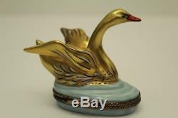 Gold Colored Chamart Limoges Trinket Box Hand Painted in France Swan Form 2.5