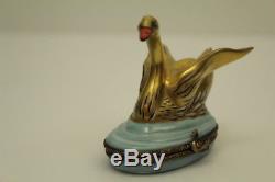 Gold Colored Chamart Limoges Trinket Box Hand Painted in France Swan Form 2.5