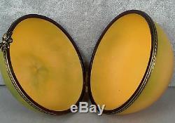 HUGE Glass Limoges Trinket Box Apple Yellow Green SIGNED 188