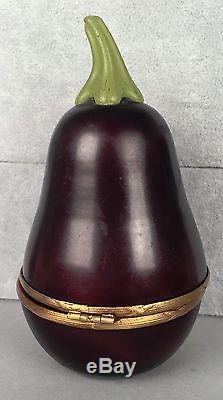 HUGE Glass Limoges Trinket Box Purple Eggplant SIGNED 189