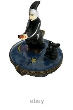 Halloween Limoges France Trinket Box Witch & Cat, Hand Painted, Limited Edition