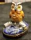 Hand Painted French Limoges Trinket Box Wise Owl On Blue Box