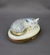 Hand Painted Limoges Cat Fishnet Blue Gilt Hinged Trinket Box Hinged Mouse Clasp