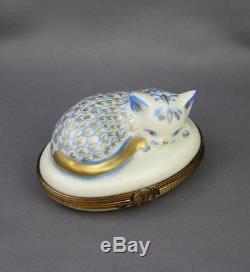 Hand Painted Limoges Cat Fishnet Blue Gilt Hinged Trinket Box Hinged Mouse Clasp