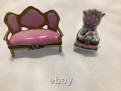 Hand Painted Limoges France Pink Sofa & Boudoir Chair Trinket Box