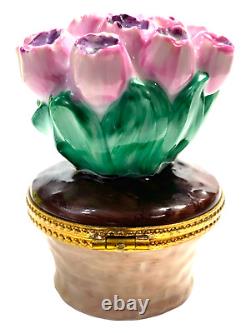 Hand Painted Rochard Limoges France Tulip Flowers in Basket Trinket Box