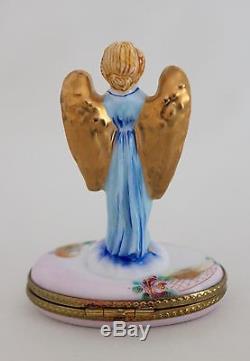 LIMOGES Angel with Golden Wings over Roses TRINKET BOX Peint Main Sgnd RETIRED