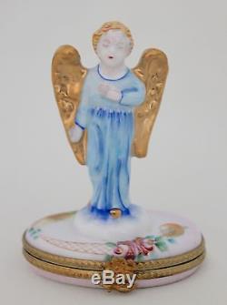 LIMOGES Angel with Golden Wings over Roses TRINKET BOX Peint Main Sgnd RETIRED