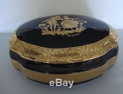 Limoges Castel Large 8 Oval Trinket Box Fragonard Cobalt Blue 22k Gold
