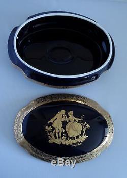 Limoges Castel Large 8 Oval Trinket Box Fragonard Cobalt Blue 22k Gold