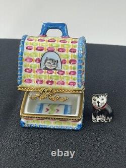 LIMOGES FRANCE BOX CAT CARRIER & REMOVABLE BLACK KITTEN KITTY FELINE Colorful