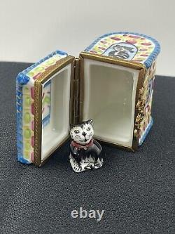 LIMOGES FRANCE BOX CAT CARRIER & REMOVABLE BLACK KITTEN KITTY FELINE Colorful