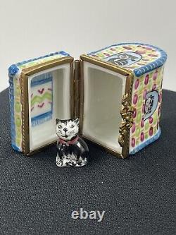 LIMOGES FRANCE BOX CAT CARRIER & REMOVABLE BLACK KITTEN KITTY FELINE Colorful