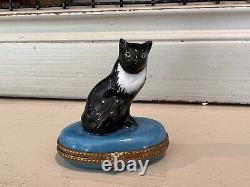 LIMOGES FRANCE Black White Cat Hinged Trinket Box Ring Hand-painted Peint Main