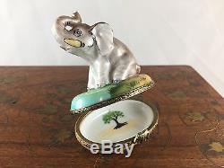 LIMOGES FRANCE Elephant Hinged Trinket Box Ring Peint Main Marque Deposee