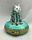 Limoges France Gray White Cat Kitten With Green Scarf Hinged Trinket Box 2.25 T