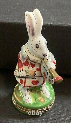 LIMOGES FRANCE PEINT MAIN ROCHARD Rabbit Playing Horn Red Hearts Trinket Box