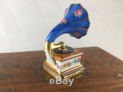 LIMOGES FRANCE Record Player Hinged Trinket Box Ring Hand-painted Marque Deposee