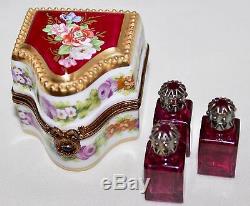LIMOGES France Box Large Perfume Casket 3 Jewel Top Bottles by Parry Vieille
