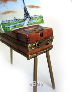 LIMOGES France Hinged Trinket Box Painters Easel on Stand withPaints Eiffel Tower