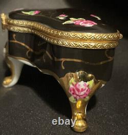 LIMOGES France Peint Main AF Baby Grand Piano Box With Roses & G-Clef Music Note