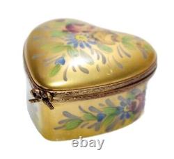 LIMOGES France Peint Main Hand Painted Gold Gilt Heart Floral Trinket Box RARE