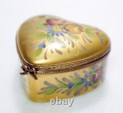 LIMOGES France Peint Main Hand Painted Gold Gilt Heart Floral Trinket Box RARE