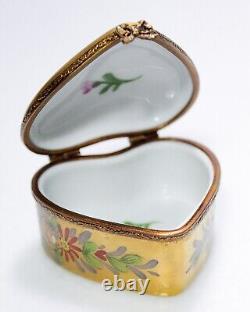 LIMOGES France Peint Main Hand Painted Gold Gilt Heart Floral Trinket Box RARE