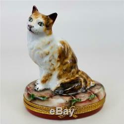 LIMOGES France Pierre Arquie Large White Brown Cat Kitten Porcelain Trinket Box