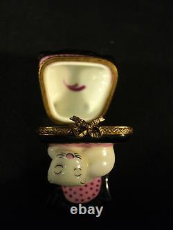 LIMOGES PORCELAIN TRINKET/ PILL BOX PINK & BLACK HIGH BACK CHAIR with WHITE CAT